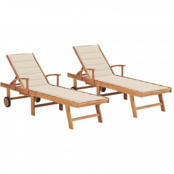 Teak Wood Sun Loungers Set of 2 with Cream Cushions