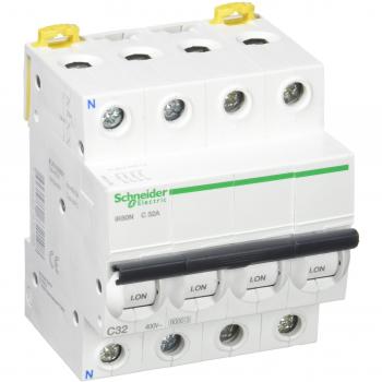 Schneider Electric A9K24732 IK60N Interruptor Automático Magneto Térmico, 3P+N, 32A, Curva C, 78.5mm x 72mm x 85mm, Blanco