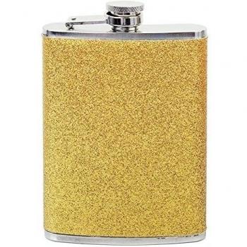 1x Petaca de Acero Inoxidable con Color Oro Brillantina 8 OZ para Whisky Licor Alcohol 138x93 22MM