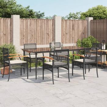 7-Piece Black Poly Rattan Garden Dining Set with Cushions