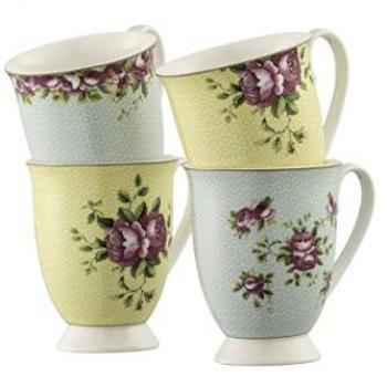 Aynsley Archive Rose 4 Piece Footed Mug Set, Bone China, Multi, 295ml, dimensions 11.5 x 11.5 x 10.5 cm