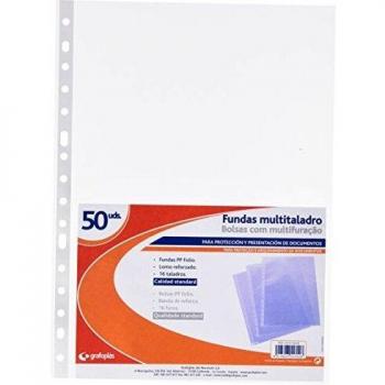 Grafoplás 5575600. Paquete de 50 Fundas con Taladros en Polipropileno Estándar, Transparente, Folio