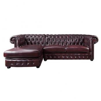Sofá Rinconera Chesterfield Brenton 100% Piel de Búfalo - Color Cereza - Ángulo Izquierdo