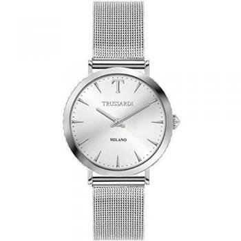 Reloj de mujer Trussardi modelo R2453140502, acero inoxidable, esfera blanca, cristal mineral, resistencia al agua 50 metros, correa de acero con cierre desplegable