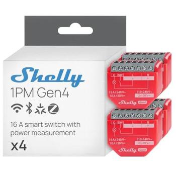 Shelly 1PM Gen4 - Interruptor inteligente Wi-Fi, Zigbee y Matter, 1 canal 16A, medición de consumo de energía, control por app y voz (paquete de 4 unidades)