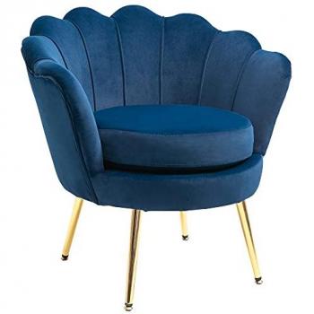 HOMCOM Butaca de Salón Tapizada en Terciopelo Azul con Respaldo en Forma de Concha y Patas Doradas para Comedor 76x67x74 cm
