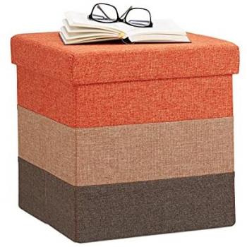Pouf Imbottito Plegable con Contenedor, Colorido y a Rayas, 38 x 38 x 38 cm, Naranja-Marrón - Relaxdays