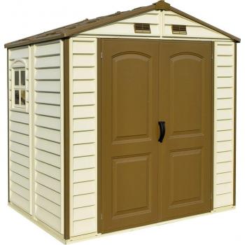 Caseta de resina Duramax Store All 8x6 con estructura de PVC, resistente a la intemperie, fácil de montar, sin mantenimiento requerido y con ventilación adecuada