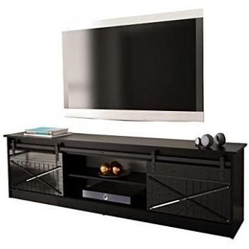 Mueble TV Charlotte 156, Negro Brillante, 200x57x35cm, con 2 Puertas Correderas