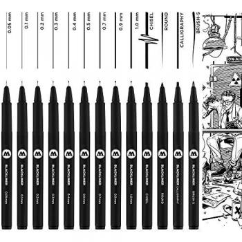 Molotow Blackliner (permanente, indeleble, trazo de 0,05 mm hasta 1,0 mm + puntas especiales), estuche de 13 unidades, color negro