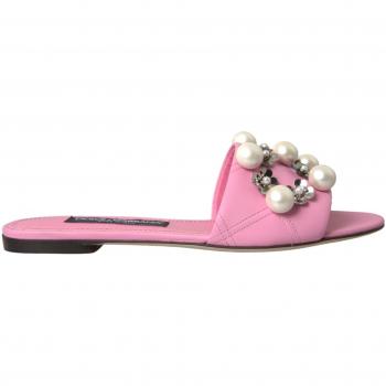 Dolce & Gabbana Pink Embellished Leather Flats Sandals Shoes - EU39/US8.5