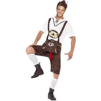 Smiffys-43399L Traje de Brad Wurst, con Pantalones de Cuero, Camisa y Sombrero, Color marrón, L-Tamaño 42-44