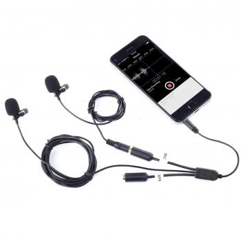 Movo LV4-C2 Dual-Headed Lavalier Omnidirectional Condenser Microphone with Lightning Connector and Headphone Jack for iPhone, iPad, Android Smartphones & Tablets
