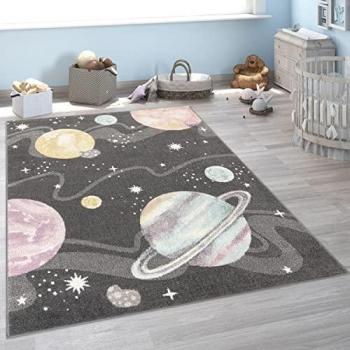 Alfombra Infantil Espacio Planetas Estrellas Antracita 80x150 cm Suave Colorido