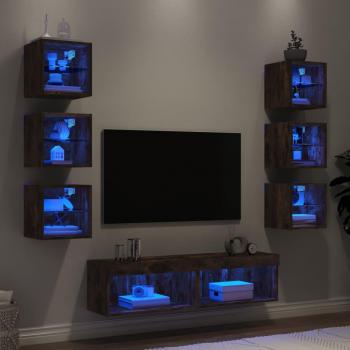 Mueble TV pared con LED 8 piezas roble ahumado