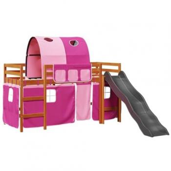 Cama alta infantil con túnel de madera de pino rosa 90x200 cm