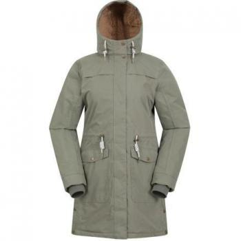 Women's Waterproof Borg Lined Padded Parka - Khaki Green, Size 12 UK
