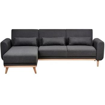 Sofá Cama Esquinero Moderno de Poliéster Negro con Patas de Madera Clara y Cojines Adicionales Lado Derecho Ollsta