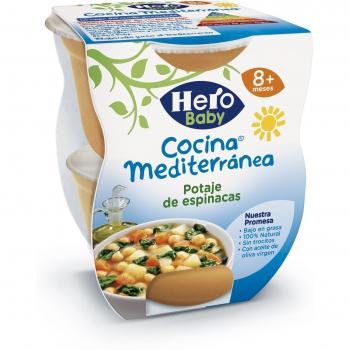 Hero Baby Cocina Mediterránea Potaje de Espinacas, Tarrina de Plástico - Paquete de 2 x 200 gr - Total: 400 gr