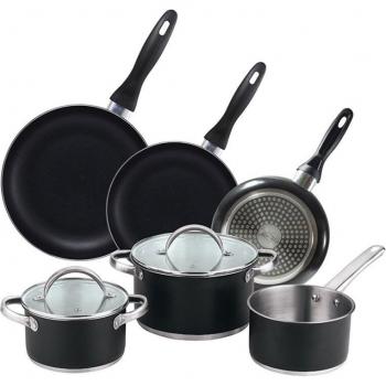Juego de Sartenes y Batería de Cocina San Ignacio 5 piezas (16/20/24 cm) con tapas, antiadherentes en aluminio prensado, aptas para todos los fuegos incluyendo inducción, y batería de