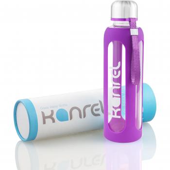 Botella Agua Cristal 1 litro / 1000 ml Grande con Funda de Silicona, Reutilizable, Libre BPA, Portatil, de Vidrio Ecológica para Deporte, Yoga, Acampar, Tenis, Senderismo, Universidad, Viaje, Gimnasio, Oficina, Escolar, Casa, Diseño Rosa / Azul, 1L