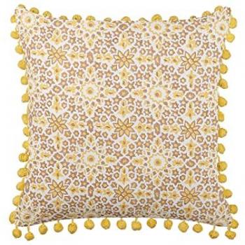 Cojín Decorativo Geométrico Amarillo de Algodón 45 x 45 cm con Pompones y Estampado en Bloque