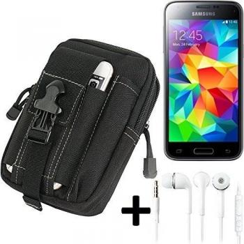 Bolsa del cinturón / funda para Samsung Galaxy S5 Mini, negro + auriculares | compartimientos adicionales con el espacio para el banco de la energía, disco duro, etc. - K-S-Trade
