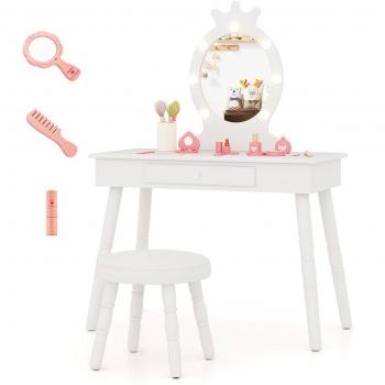 White Princess Vanity Table and Chair Set with Lighted Mirror