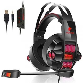 Auriculares para Videojuegos, YOTMS Y1 7.1 Estéreo Cascos Gaming con Micrófono y Cable para PS4, PS5, Switch, PC, Xbox One, Móvil, Mac Ajustable Headset con luz LED Controlador de 50mm, Rojo