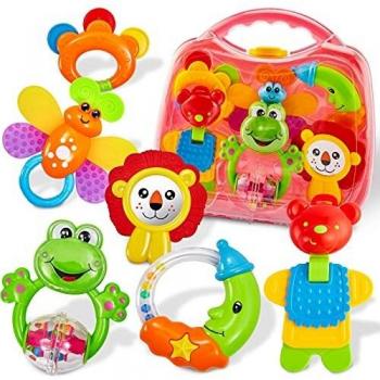HERSITY Juguete de Primer Sonajeros y Mordedor Infantil 6 Piezas con Maletín Regalo para Bebé