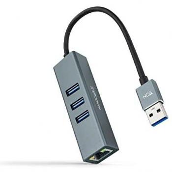 NANOCABLE 10.03.0407 - Conversor USB 3.0 a Ethernet Gigabit + 3XUSB 3.0, Aluminio, Gris, 15 cm