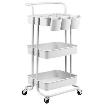 alvorog Carrito de Cocina de 3 Niveles con Ruedas, Carro de Almacenaje con Asa, Carrito Auxiliar Multifuncional para Baño, Cocina, Oficina, Salón & SPA - Blanco