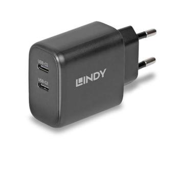Cargador USB 65W Lindy - 2 Puertos Tipo C - Tecnología GaN - Diseño Compacto