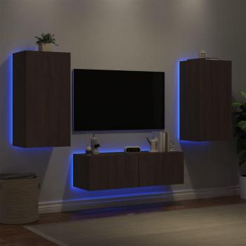 Muebles de TV de pared LED 3 piezas marrón roble con luces