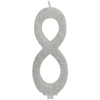 Vela Escarchada Plata Número 8, de 12.5 cm