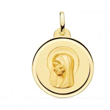 Medalla Virgen María Oro 18k Primera Comunión 16mm Lisa Detalle Bisel