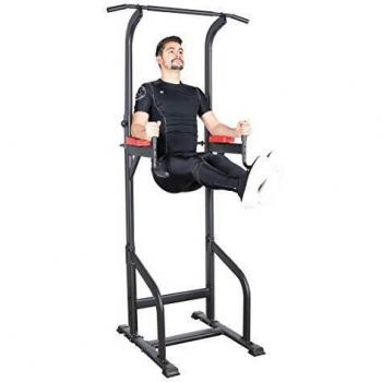 Ultrasport Power Tower, estación multifuncional de entrenamiento, torre de musculación y fitness, dip station, barra de dominadas, asas para flexiones, tamaño regulable, negro