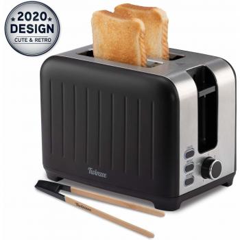Tostadora Pan Ranura Ancha 3 en 1 - Negra Mate Inoxidable, Tostadora Vintage - Pinzas de Bambú gratuíta - 7 Niveles Tostado - 850W - Calienta Panecillos y Recoge Migas