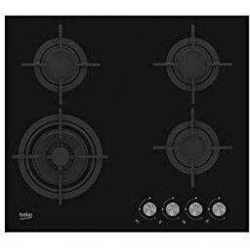 Placa de Gas Encastrable Beko HILW64222S 60cm - 4 Fuegos, Cristal Negro, Wok 5 kW, Seguridad Gas, 5 Años Garantía