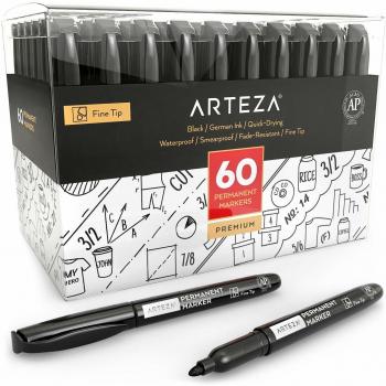 ARTEZA Rotuladores permanentes negros | Caja de 60 | Punta fina | Rotulador permanente sin olor | Resistentes al agua | Secado rápido