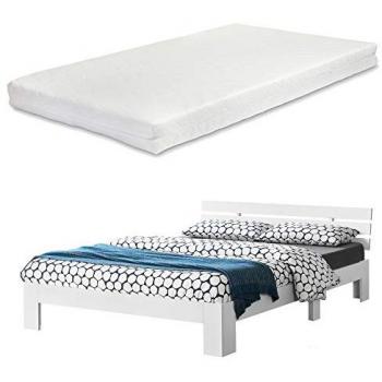 Cama Doble Nivala con Somier y Colchón de Espuma Fría 160x200 cm - Madera de Pino Blanco Mate, Capacidad Máx 200kg