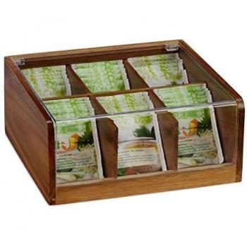 Caja de Té de Madera Relaxdays, 6 Compartimentos, Para 90 Bolsitas, Tapa Bisagra, Conserva Sabor, Dimensiones 9.5x22x20.5 cm, Natural