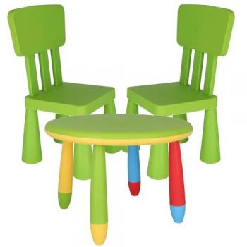 Mesita Infantil Redonda Verde con 2 Sillas de Plástico Fuerte y Resistente - Ø70 x H.48cm, L:38cm x F:35cm x H:67cm