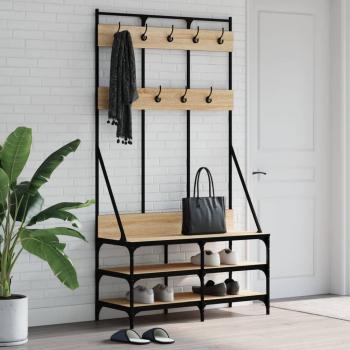 Perchero con Zapatero VidaXL, soporte para ropa y estantes de zapatos, color gris sonoma, negro y roble ahumado, dimensiones 100x40x184 cm, marrón