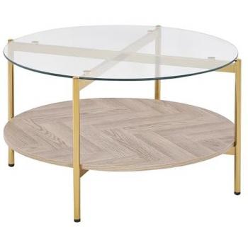 Mesa de Centro Moderna Lovell con Tablero de Vidrio Templado, Estructura de Metal y Estante de Madera Clara Dorada