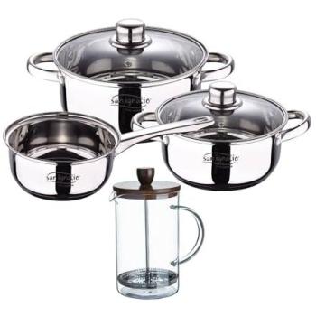Batería de Cocina 5 Piezas Acero Inoxidable con Cazo y Cacerolas para Inducción + Delantal de Cocina 100% Algodón Gris Oscuro 75x80cm