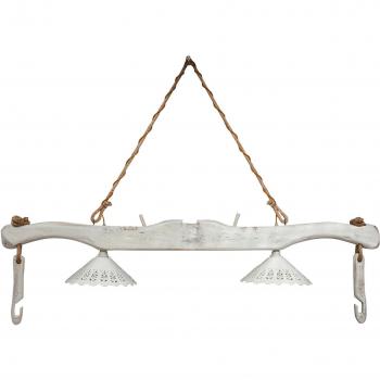 Araña Rústica Vintage de Madera de Tilo con Pantallas Cerámicas Blancas - 161x41x30 cm