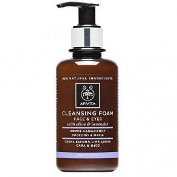 Apivita Creamy foam cleanser for face and eyes, suitable for all skin types, cleanses impurities and make up with Olive & Lavender