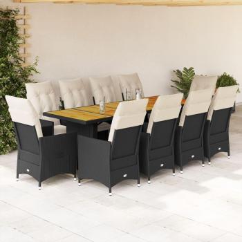 11-Piece Black Poly Rattan Garden Bistro Set with Cushions
