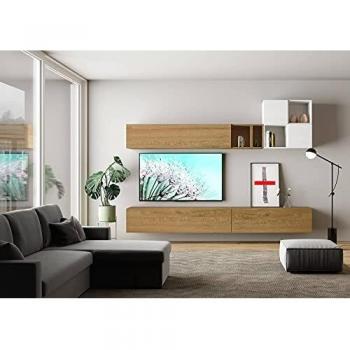 Pared de Salón Isoka A29 - Composición en Blanco y Roble, con Estantes Suspendidos, Dimensiones L. 174 x P. 39,5 cm